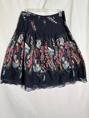 Vintage 90s Millenium Floral Cotton Midi Skirt Black Lace Hem Cottagecore Boho L